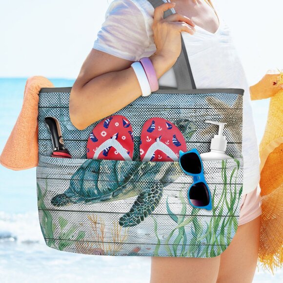 New Extra Large Sea Turtle Scene 7 Pocket Mesh Sand-Proof Beach Bag - Picture 2 of 6